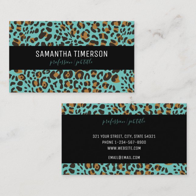 Teal Leopard Animal Print Modern Professionell Visitkort (Fram/baksida)