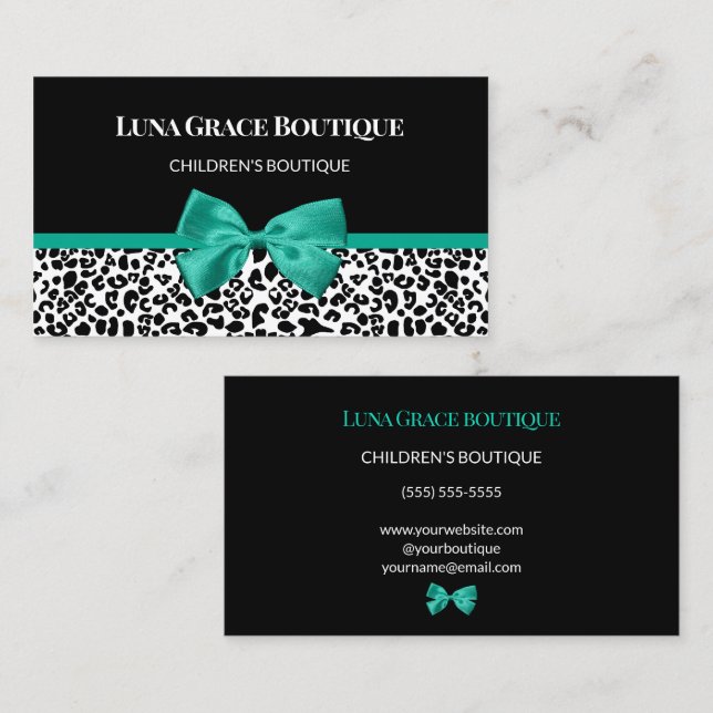 Teal Leopard Barnbutik Visitkort (Fram/baksida)