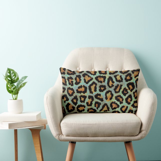 Teal leopard, chic, djurtryck dekorativ kudde (Stol)
