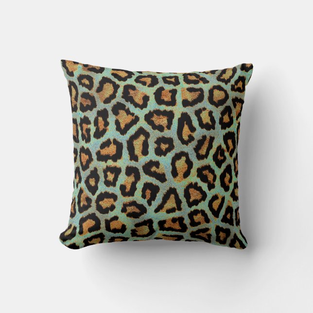 Teal leopard, chic, djurtryck dekorativ kudde (Framsida)