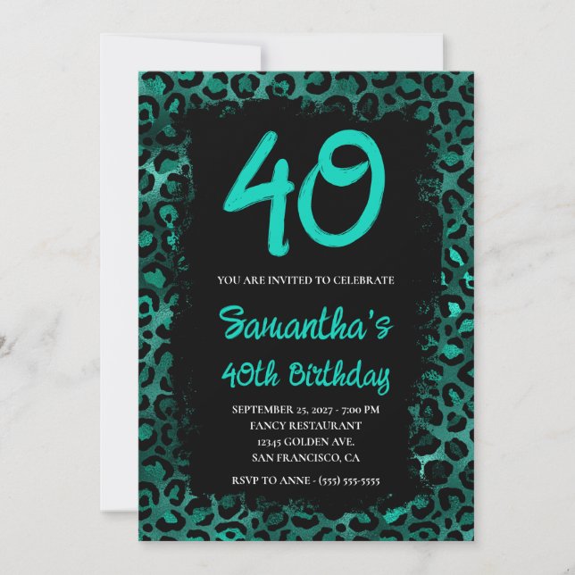 Teal Leopard Foil Painting Black 40 Birthday Inbjudningar (Framsida)
