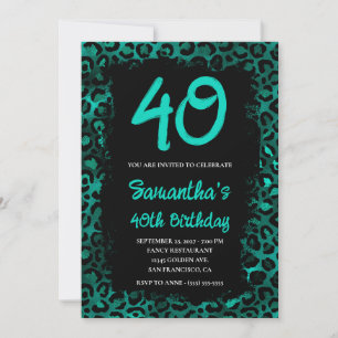 Teal Leopard Foil Painting Black 40 Birthday Inbjudningar
