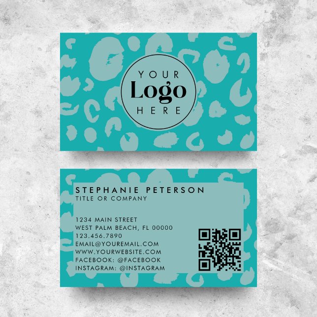 Teal Leopard Print Anpassningsbar Company Logotyp  Visitkort (Skapare uppladdad)