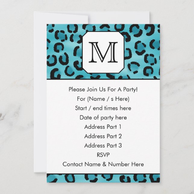 Teal Leopard Print, Anpassningsbar Monogram. Inbjudningar (Framsida)