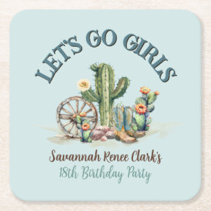 Teal Lets Go Girls Cowgirl Cactus Födelsedagsfest Underlägg Papper Kvadrat