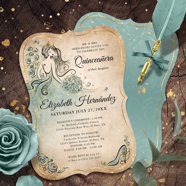 Teal Light Sage Seafoam Gold Princess Birthday Inbjudningar (Unique seafoam sage green gold princess birthday invitations that will bring your fairytale to life!)