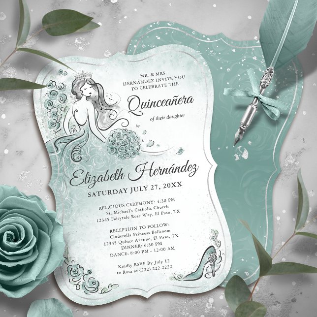 Teal Light Sage Seafoam Princess Quince Birthday Inbjudningar (Unique princess quinceanera invitations in soft shades of teal, light sage, and seafoam green.)