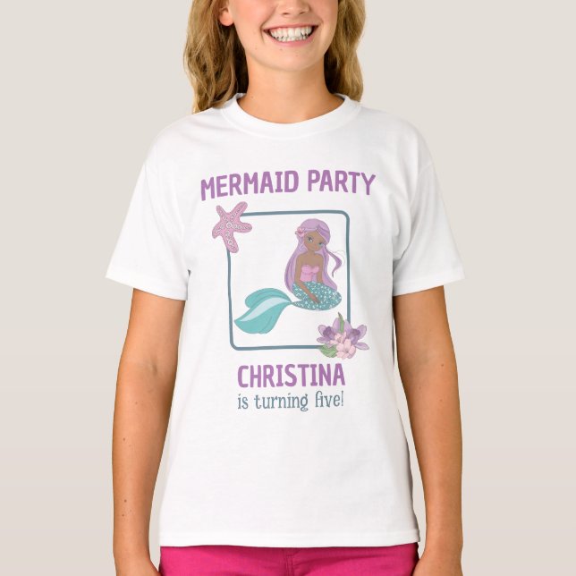 Teal Lila Black Girl Sjöjungfru Födelsedagsfest T Shirt (Framsida)
