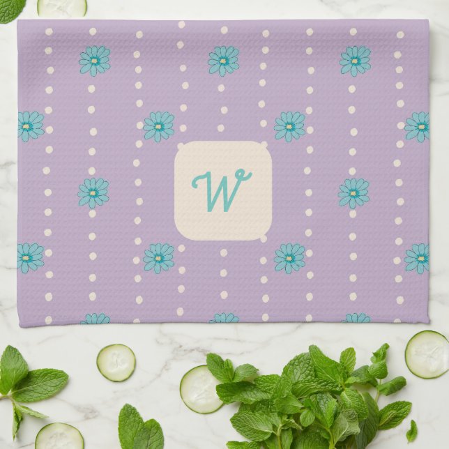 Teal & Lila Blommigt Monogram Kitchen Tea Towel Kökshandduk (Vikta)