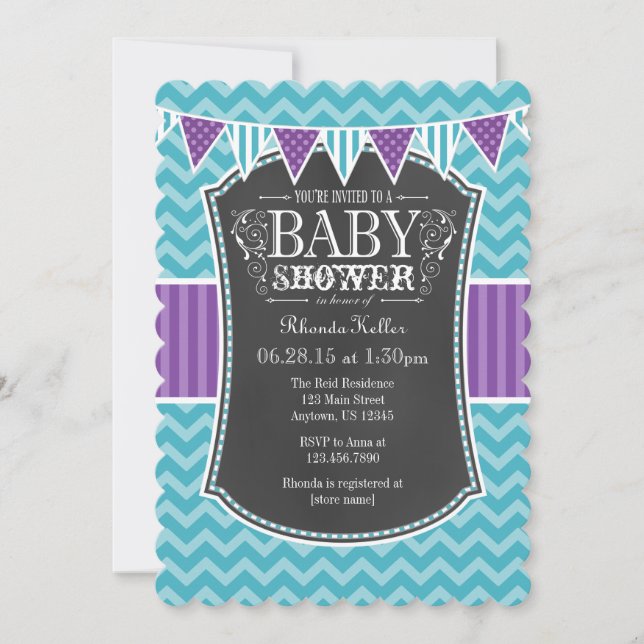 Teal Lila Chalkboard Chevron Baby Shower Inbjudan (Framsida)