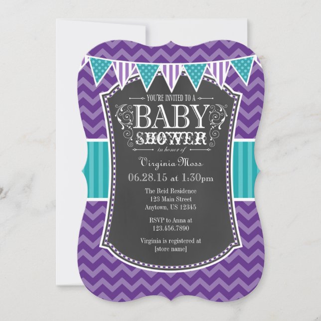 Teal Lila Chalkboard Chevron Baby Shower Inbjudan (Framsida)