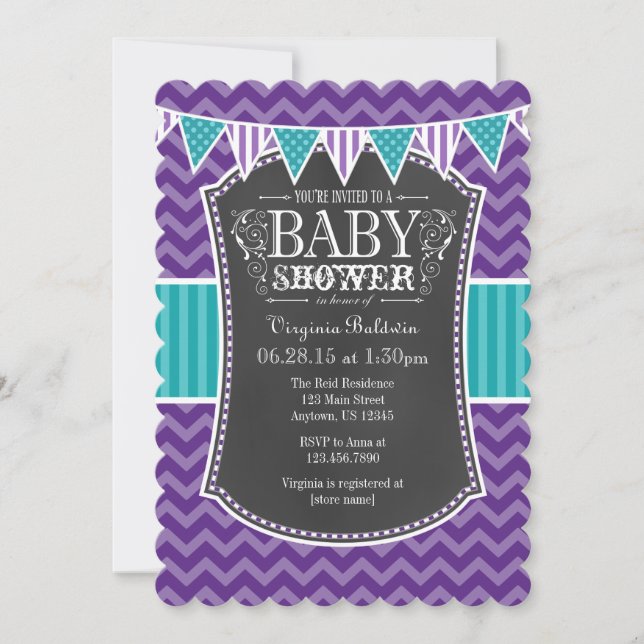 Teal Lila Chalkboard Chevron Baby Shower Inbjudan (Framsida)