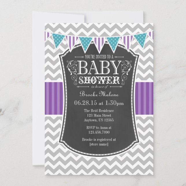 Teal Lila Chalkboard Chevron Baby Shower Inbjudan (Framsida)