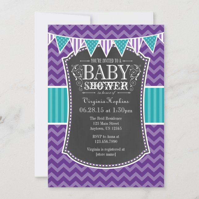 Teal Lila Chalkboard Chevron Baby Shower Inbjudan (Framsida)