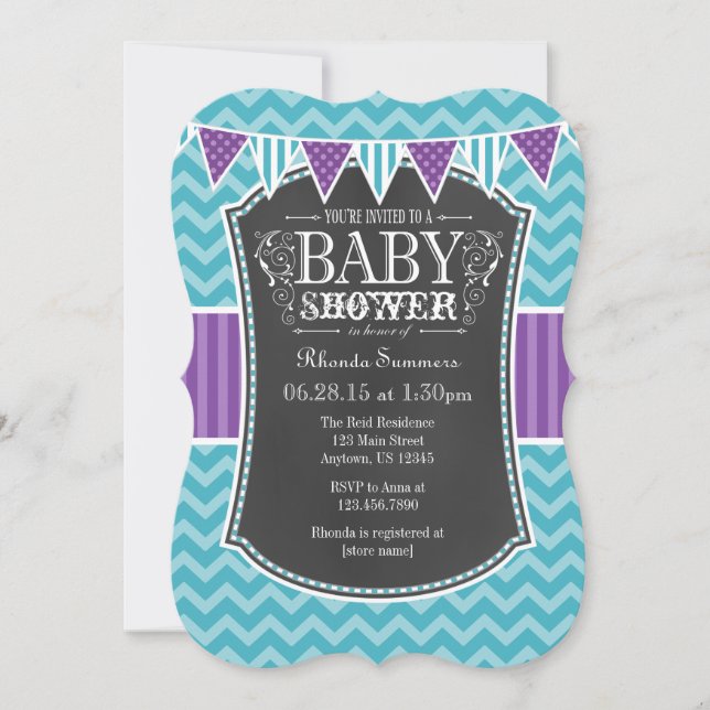 Teal Lila Chalkboard Chevron Baby Shower Inbjudan (Framsida)