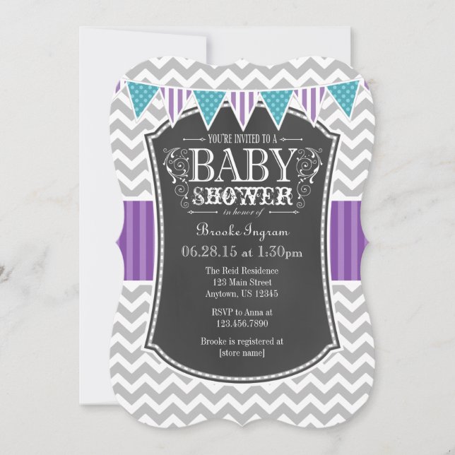 Teal Lila Chalkboard Chevron Baby Shower Inbjudan (Framsida)