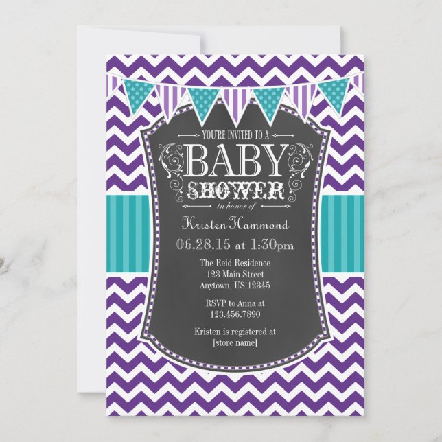 Teal Lila Chalkboard Chevron Baby Shower Inbjudan (Framsida)
