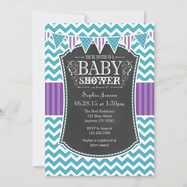 Teal Lila Chalkboard Chevron Baby Shower Inbjudan (Framsida)