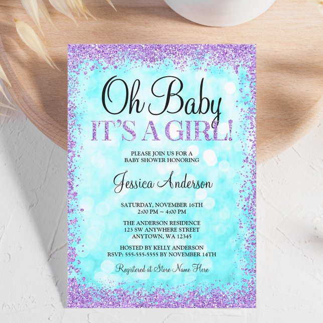 Teal Lila Faux Glitter Ljus Girl Baby Shower Inbjudningar (Skapare uppladdad)