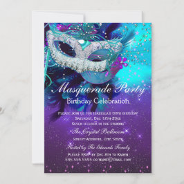 Teal Lila Feather Mask Masquuppad Birthday Inbjudningar