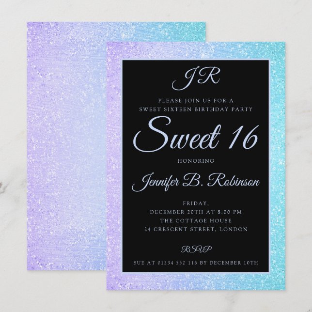 Teal Lila Glitter Sweet 16 Birthday Monogram Inbjudningar (Fram/baksida)