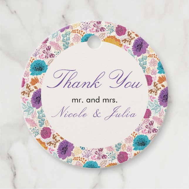 Teal Lila Gult Vår Meadow Bröllop Gåvor Etiketter (Framsida)