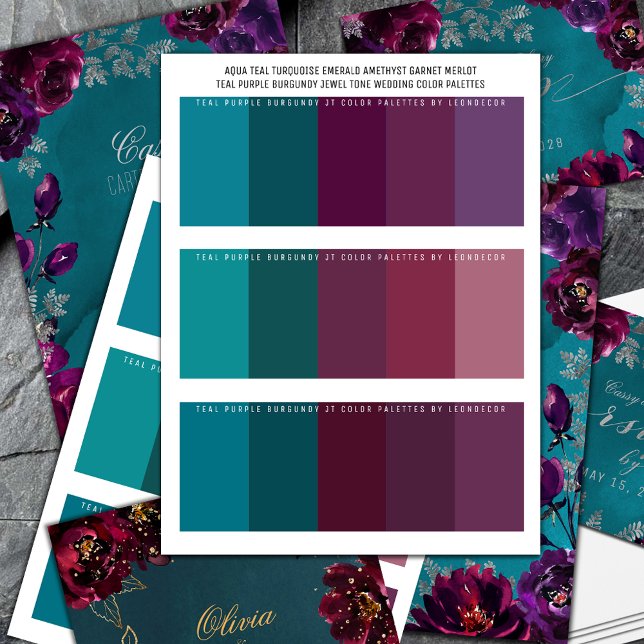 Teal Lila Jewel Tone Bröllop Färg Palettes (Aqua Teal Turquoise Emerald Amethyst Garnet Merlot Teal Purple Burgundy Jewel Tone Wedding Colors)