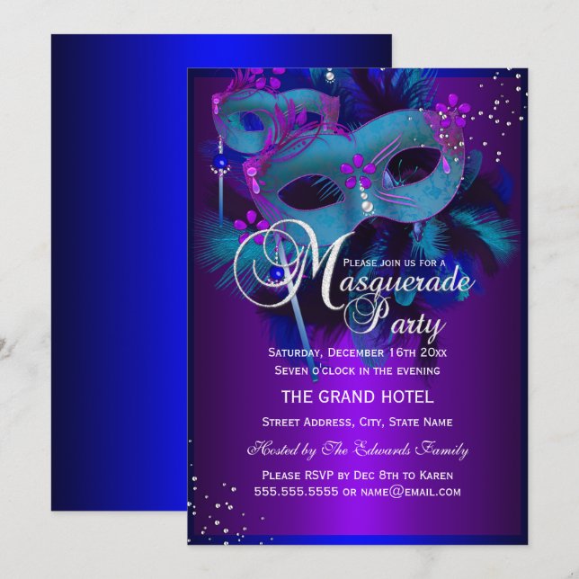 Teal & Lila Mask Masquerad Party Inbjudan (Fram/baksida)