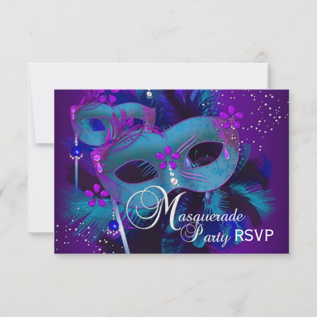 Teal & Lila Mask Masquerad Party OSA Inbjudningar (Framsida)