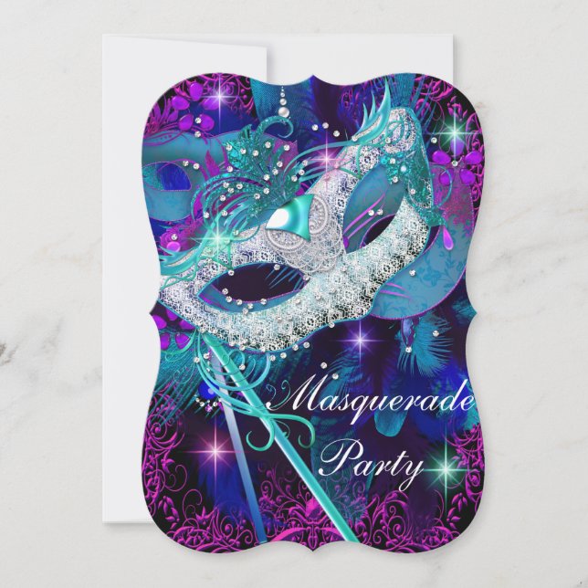 Teal & lila maskeradbalsparty inbjudningar (Framsida)