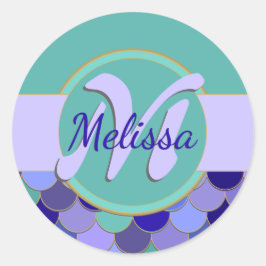 Teal & Lila Monogram Sjöjungfru Lakan av Stickers Runt Klistermärke