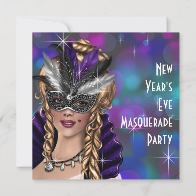 Teal Lila Nyårsafton MasqueraParty Inbjudningar (Framsida)