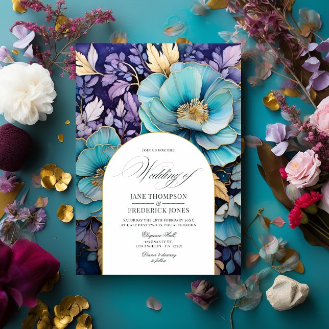 Teal, Lila och Guld Blommigt Bröllop Inbjudningar (Teal, Purple, and Gold Floral Wedding Invitation)