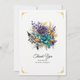 Teal, Lila och Guld Blommigt Bröllop Tack Kort