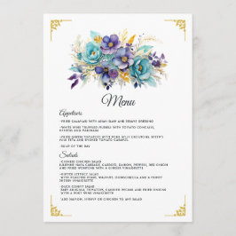 Teal, lila och guld blomsterbröllop meny