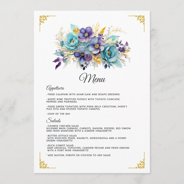 Teal, lila och guld blomsterbröllop meny (Framsida)
