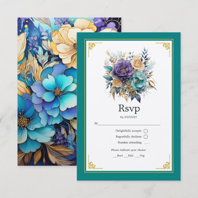 Teal, lila och guld blomsterbröllop OSA kort (Fram/baksida)