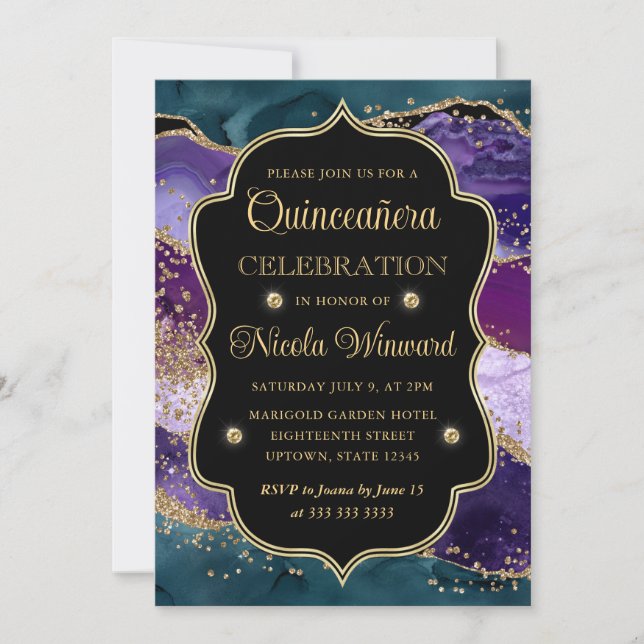 Teal, lila och guld glitter Agate Quinceanera Inbjudningar (Framsida)