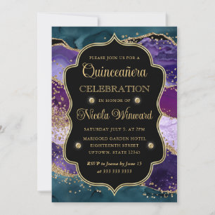 Teal, lila och guld glitter Agate Quinceanera Inbjudningar