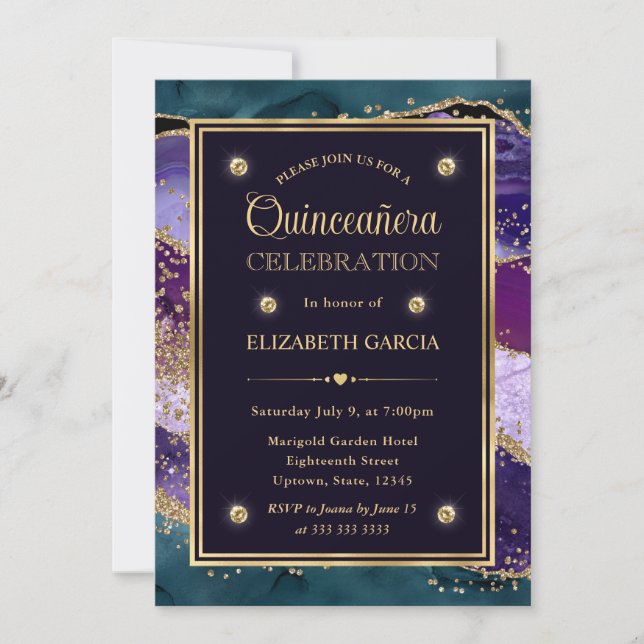Teal, lila och guld glitter Agate Quinceanera Inbjudningar (Framsida)