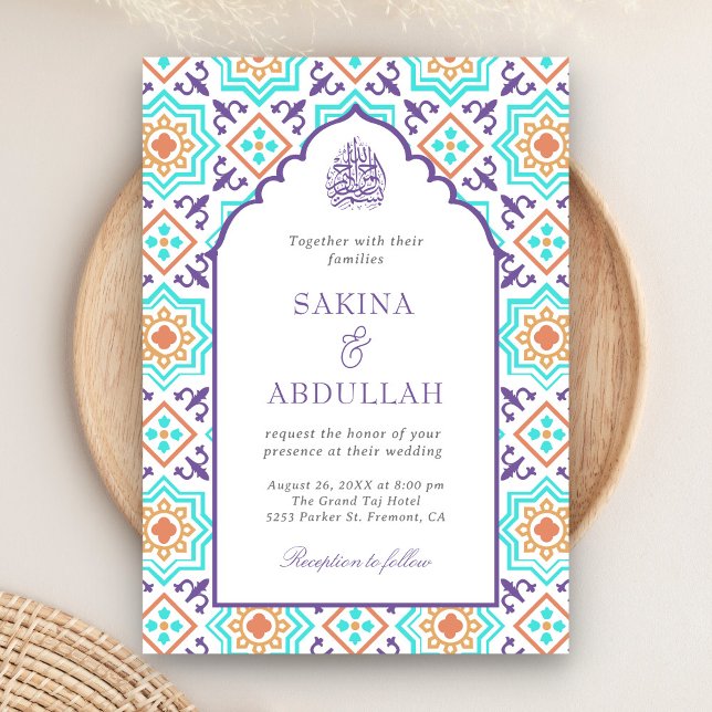 Teal Lila Persian Mosaic QR Kod Muslim Bröllop Inbjudningar (Skapare uppladdad)