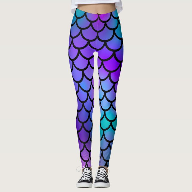 Teal Lila Rosa Blue Sjöjungfru Scales Fantasy Fish Leggings (Framsida)
