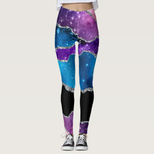 Teal Lila Silver Black Marcular Agate och Glitter Leggings