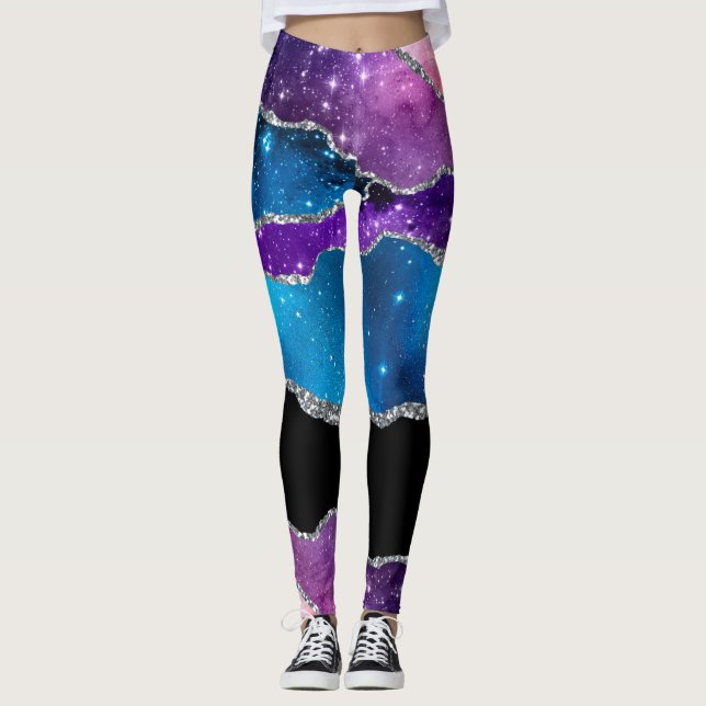 Teal Lila Silver Black Marcular Agate och Glitter Leggings (Framsida)