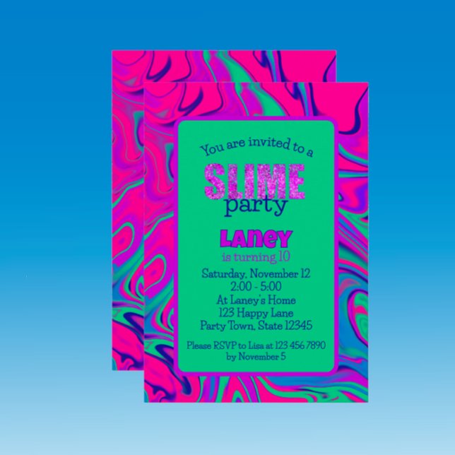 Teal Lila Slime Party Flick kalas Inbjudningar (Throw a fun slime themed birthday party with this unique cool custom teal pink invitation
)