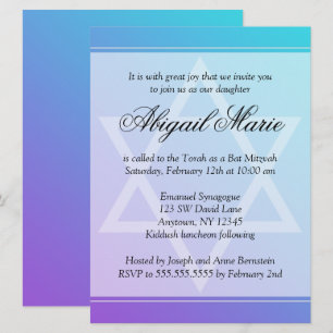 Teal Lila Star of David Bat mitzvah Inbjudningar