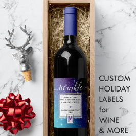 🍷 Teal Lila & Twinkling Watercolor Monogram Vinflaska Etikett