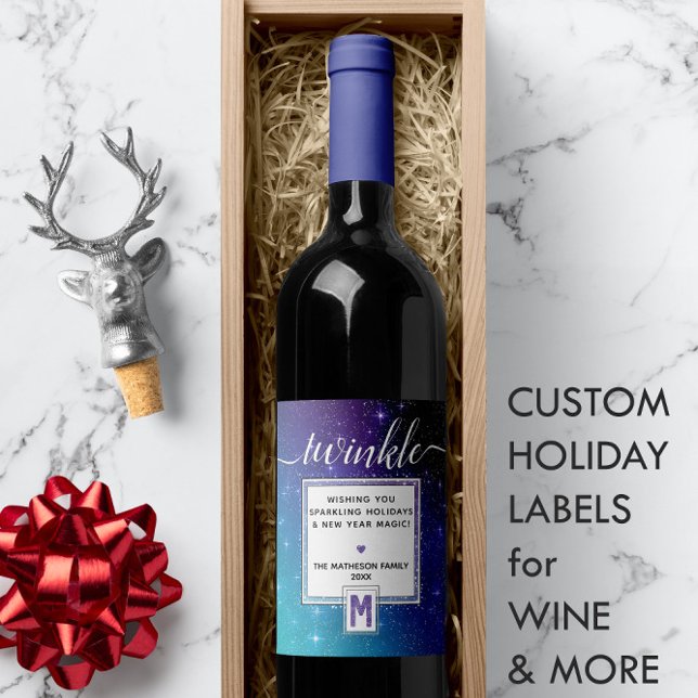 🍷 Teal Lila & Twinkling Watercolor Monogram Vinflaska Etikett (🍷 Teal Purple & Twinkling Watercolor Monogram Wine Label
)