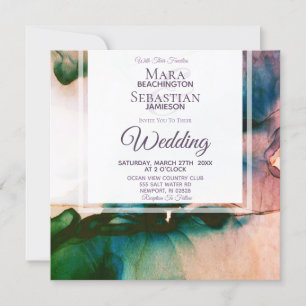 ~ Teal Lila Watercolor Elegant AR17 Bröllop Inbjudningar