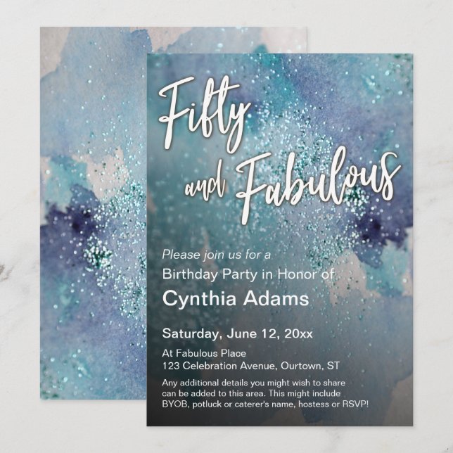 Teal Lila Watercolor Glitter 50 och Fabulous Inbjudningar (Fram/baksida)